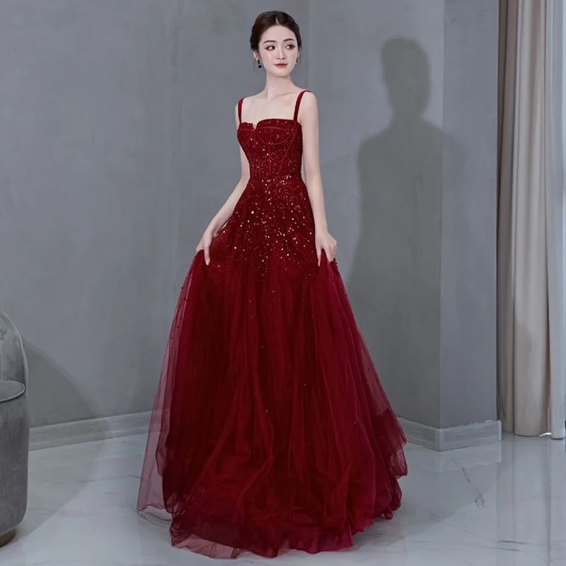 A-Line Spaghetti Sequin Evening Plain Gown Strap Mesh