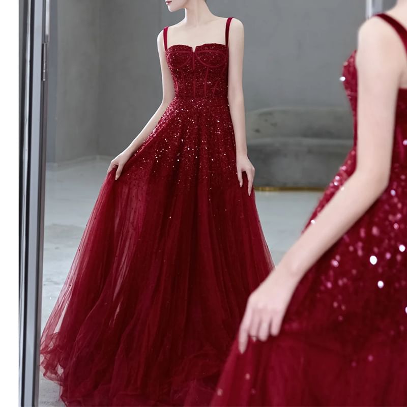 A-Line Spaghetti Sequin Evening Plain Gown Strap Mesh