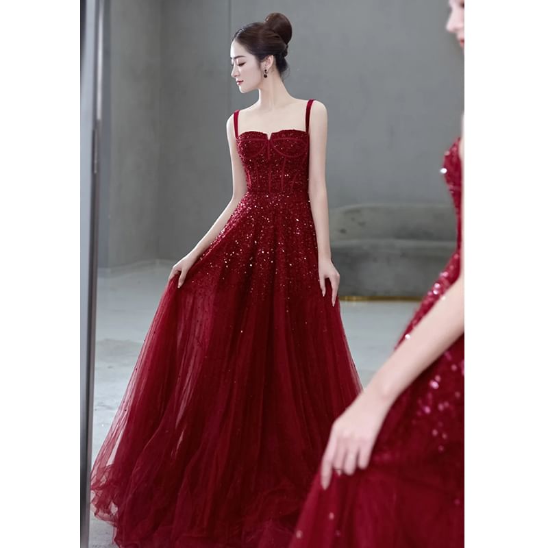 A-Line Spaghetti Sequin Evening Plain Gown Strap Mesh