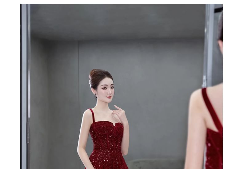 A-Line Spaghetti Sequin Evening Plain Gown Strap Mesh