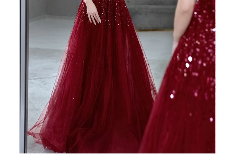 A-Line Spaghetti Sequin Evening Plain Gown Strap Mesh