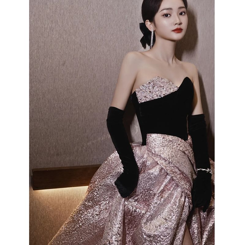 Tube A-Line Gown Evening Velvet Ruched Panel