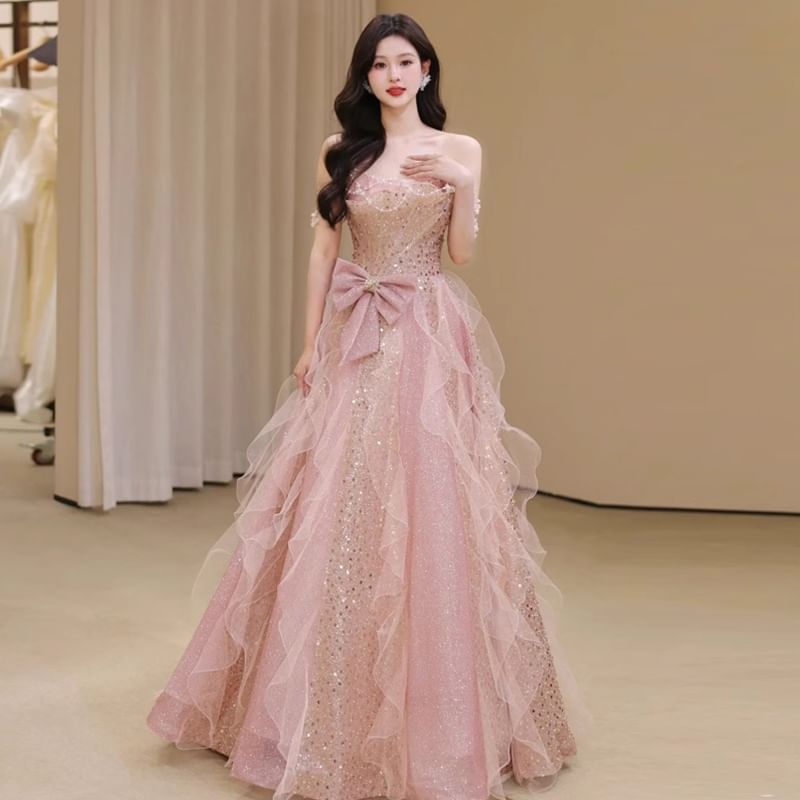 Bow Evening A-Line Ruffle Mesh Tube Gown Sequin
