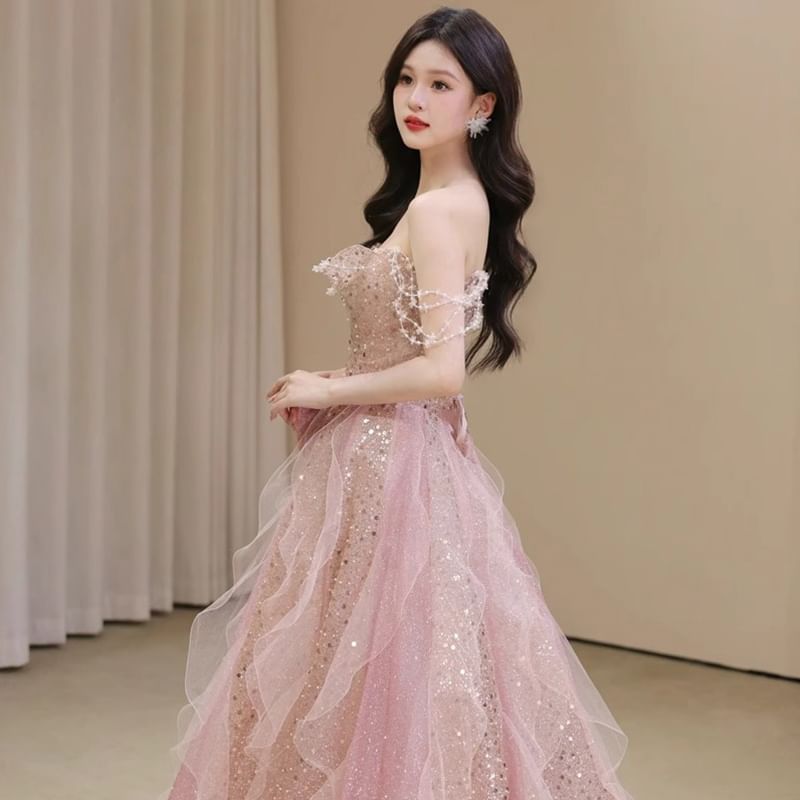 Bow Evening A-Line Ruffle Mesh Tube Gown Sequin