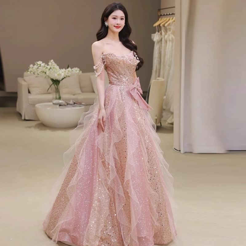 Bow Evening A-Line Ruffle Mesh Tube Gown Sequin