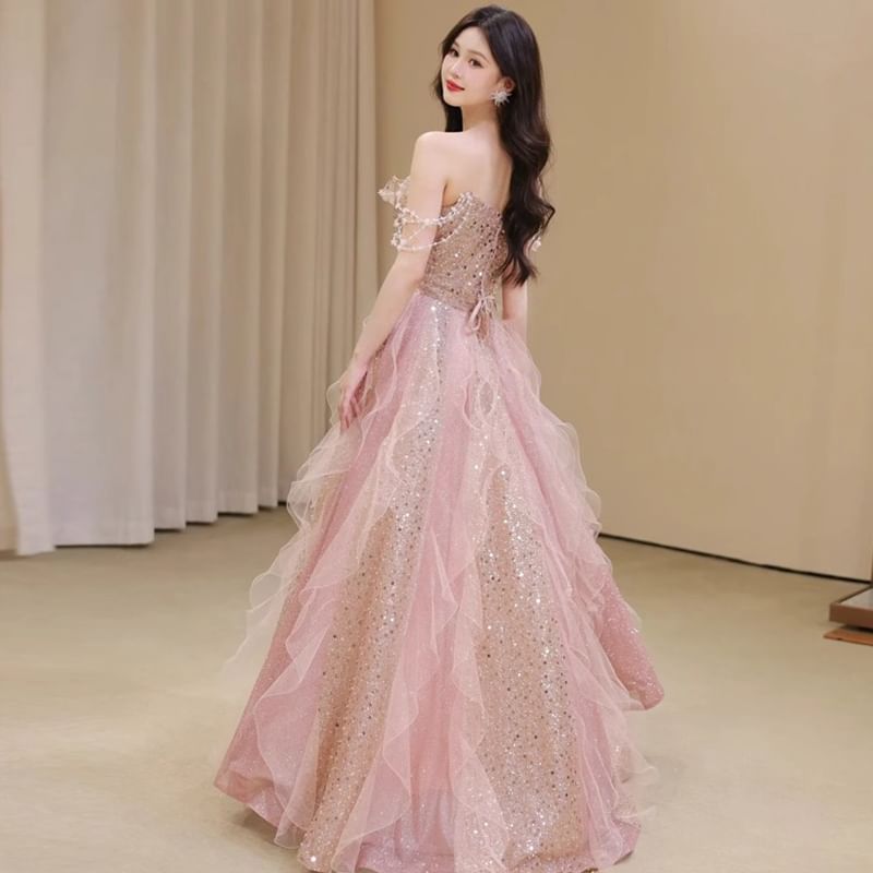 Bow Evening A-Line Ruffle Mesh Tube Gown Sequin