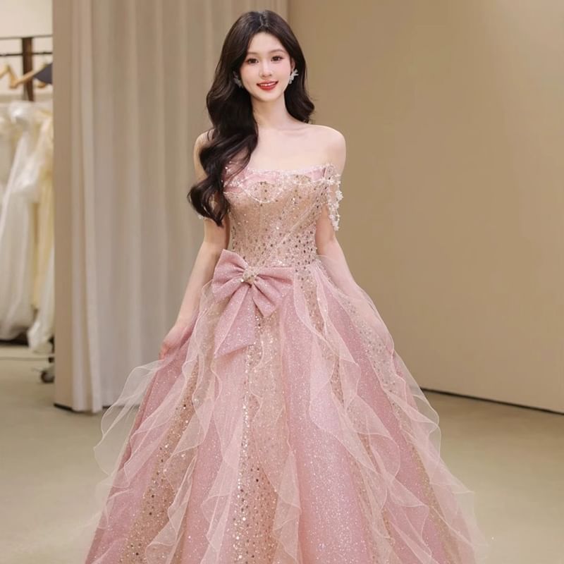 Bow Evening A-Line Ruffle Mesh Tube Gown Sequin