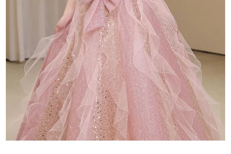 Bow Evening A-Line Ruffle Mesh Tube Gown Sequin