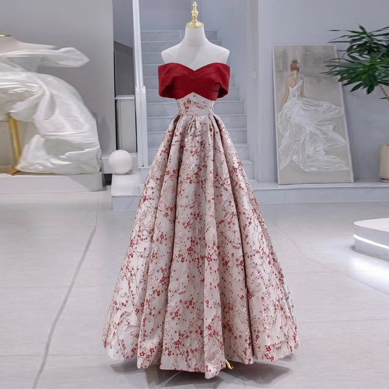 Criss Gown Cross Evening Floral Off-Shoulder A-Line Jacquard