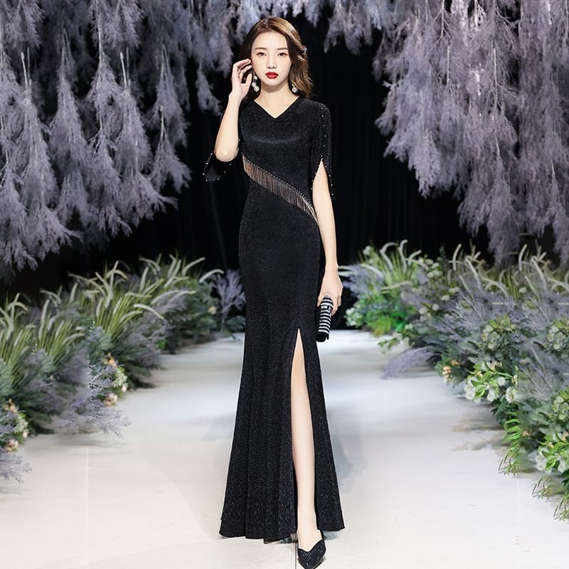 Glitter Elbow-Sleeve V-Neck Mermaid Slit Evening Fringed Gown Plain