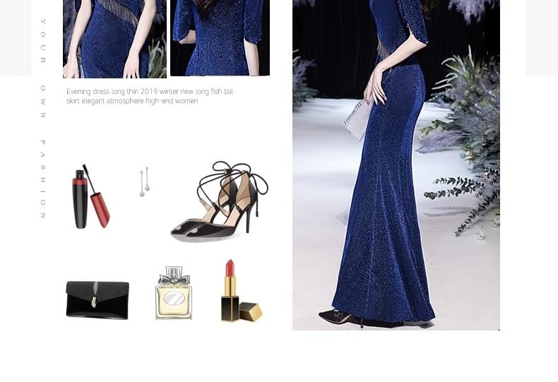Glitter Elbow-Sleeve V-Neck Mermaid Slit Evening Fringed Gown Plain