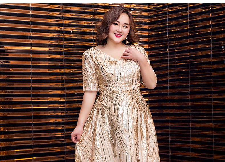 V-Neck Short-Sleeve Plus Size A-Line Shiny Gown Evening