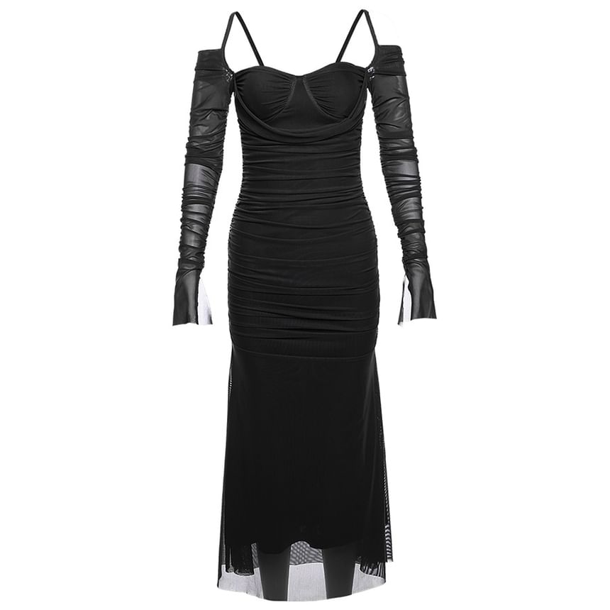 Midi Plain Dress Cold Sheath Shoulder Ruched Long-Sleeve