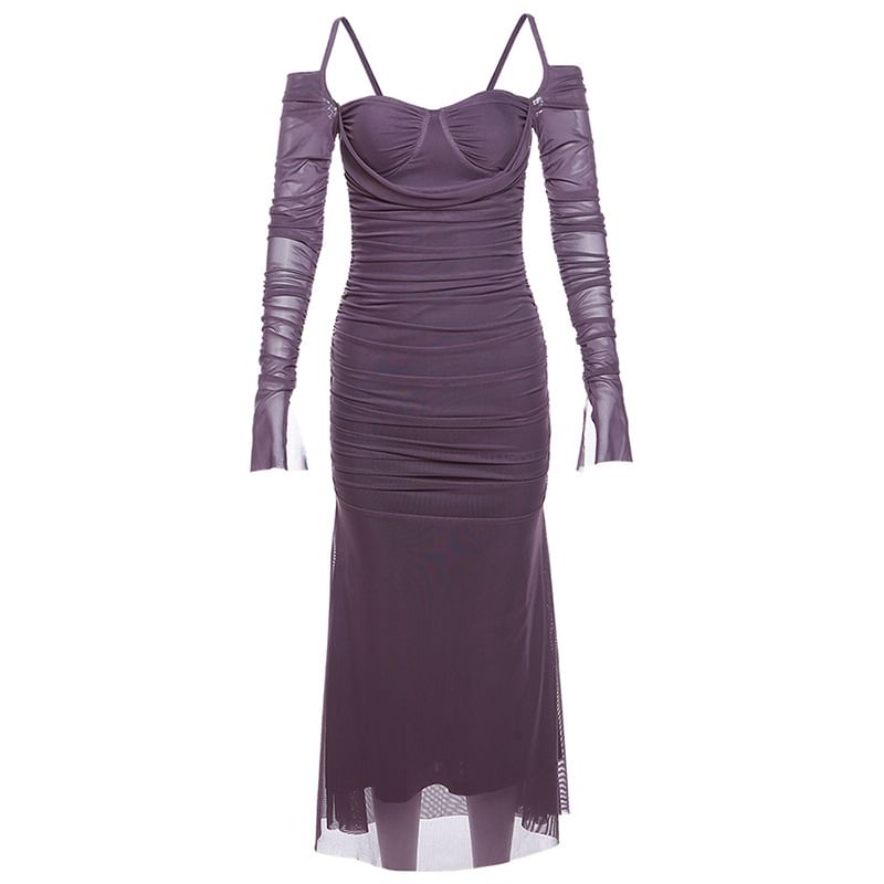 Midi Plain Dress Cold Sheath Shoulder Ruched Long-Sleeve