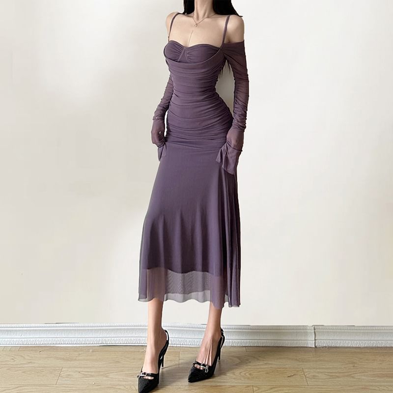 Midi Plain Dress Cold Sheath Shoulder Ruched Long-Sleeve