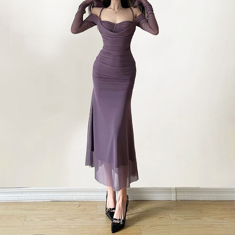 Midi Plain Dress Cold Sheath Shoulder Ruched Long-Sleeve
