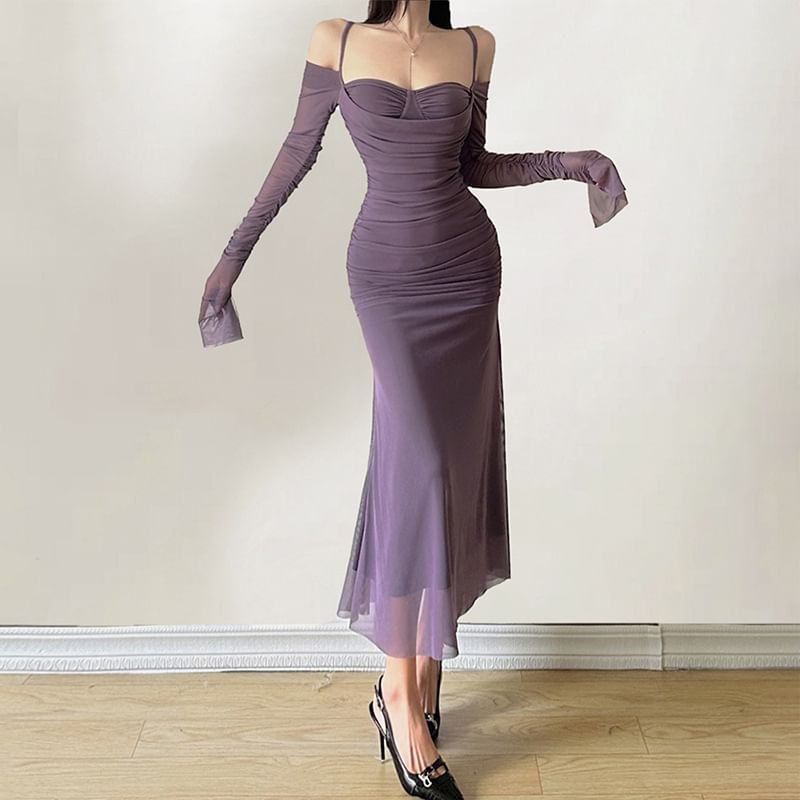 Midi Plain Dress Cold Sheath Shoulder Ruched Long-Sleeve