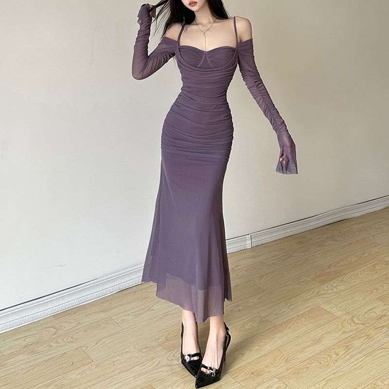 Midi Plain Dress Cold Sheath Shoulder Ruched Long-Sleeve