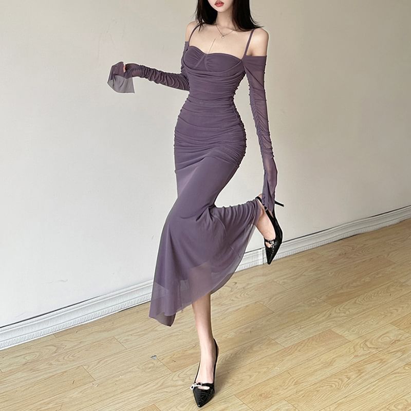 Midi Plain Dress Cold Sheath Shoulder Ruched Long-Sleeve