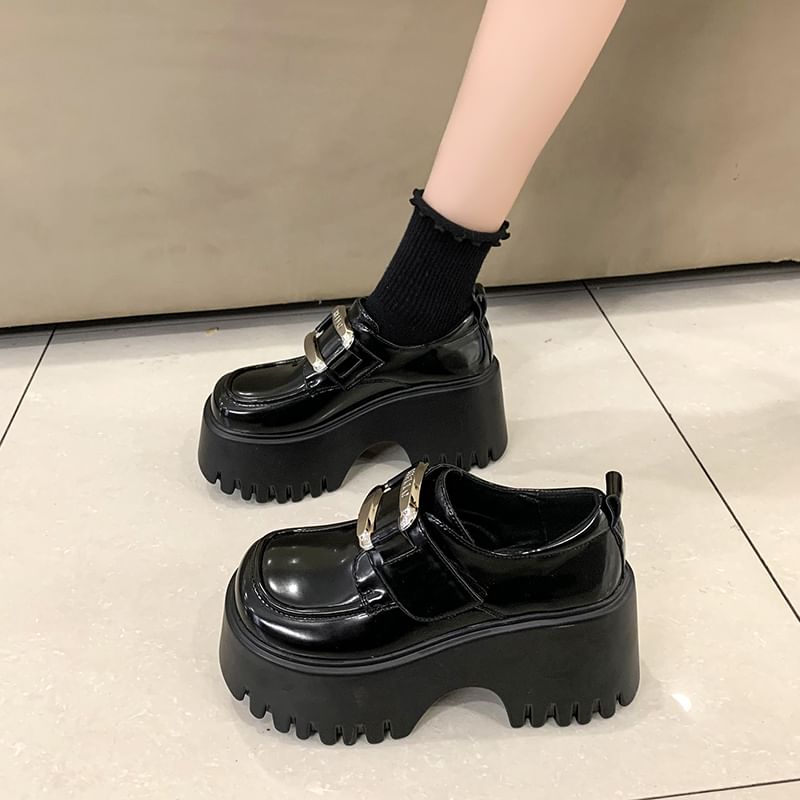 Buckled Loafers Platform Adhesive Patent Strap Leather