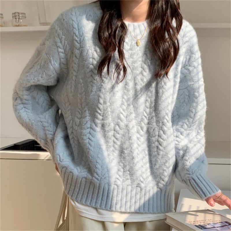 Plain Knit Neck Sweater Crew Long-Sleeve Cable