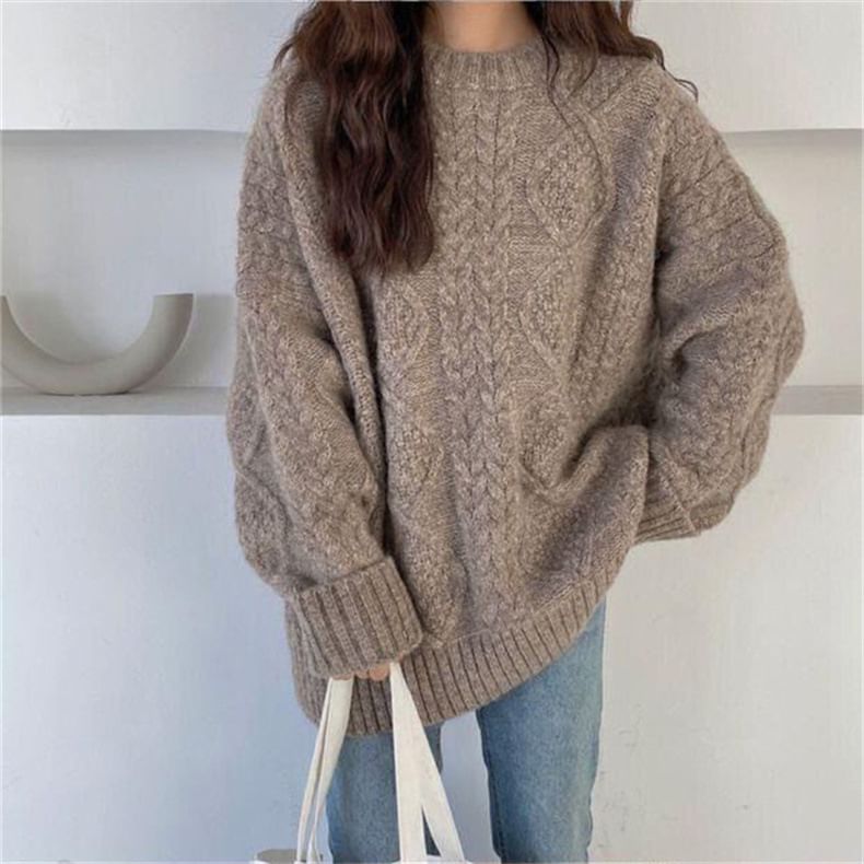 Plain Knit Neck Sweater Crew Long-Sleeve Cable