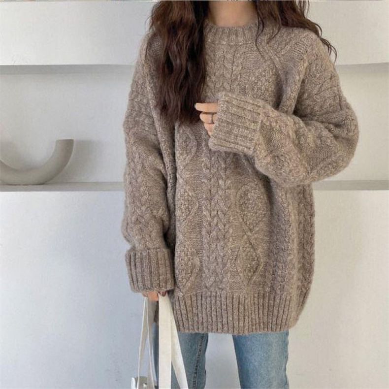 Plain Knit Neck Sweater Crew Long-Sleeve Cable