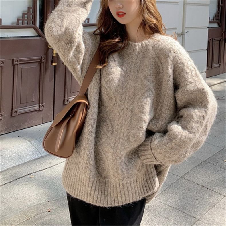 Plain Knit Neck Sweater Crew Long-Sleeve Cable