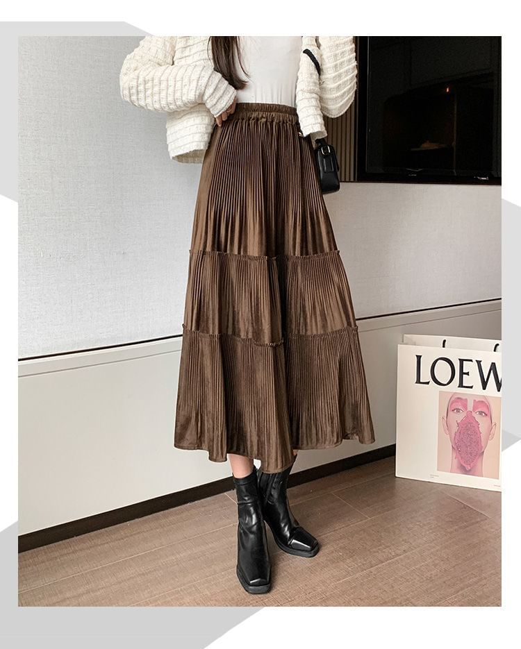 Tiered Elastic Midi Waist Skirt A-Line Velvet Plain