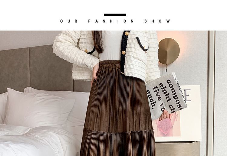 Tiered Elastic Midi Waist Skirt A-Line Velvet Plain