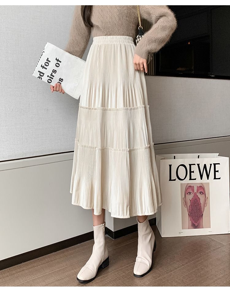 Tiered Elastic Midi Waist Skirt A-Line Velvet Plain