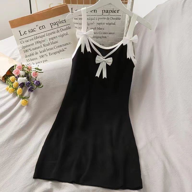 Spaghetti Mini Bodycon Trim Strap Contrast Bow Dress