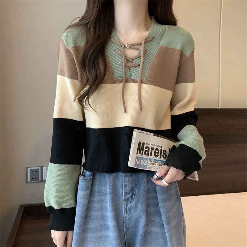 Sweater Block Lace-Up Color V-Neck