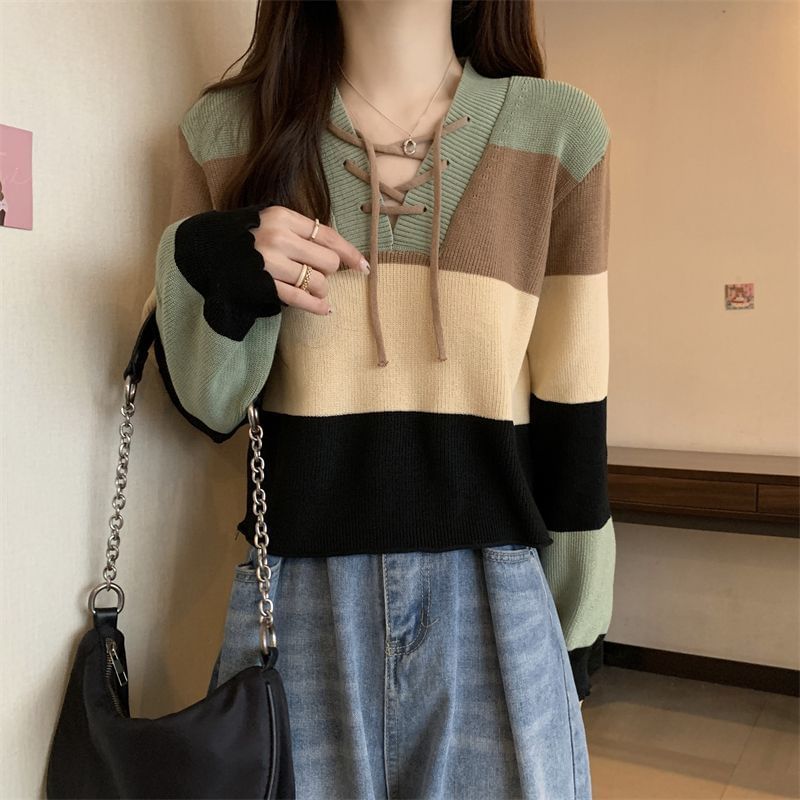 Sweater Block Lace-Up Color V-Neck