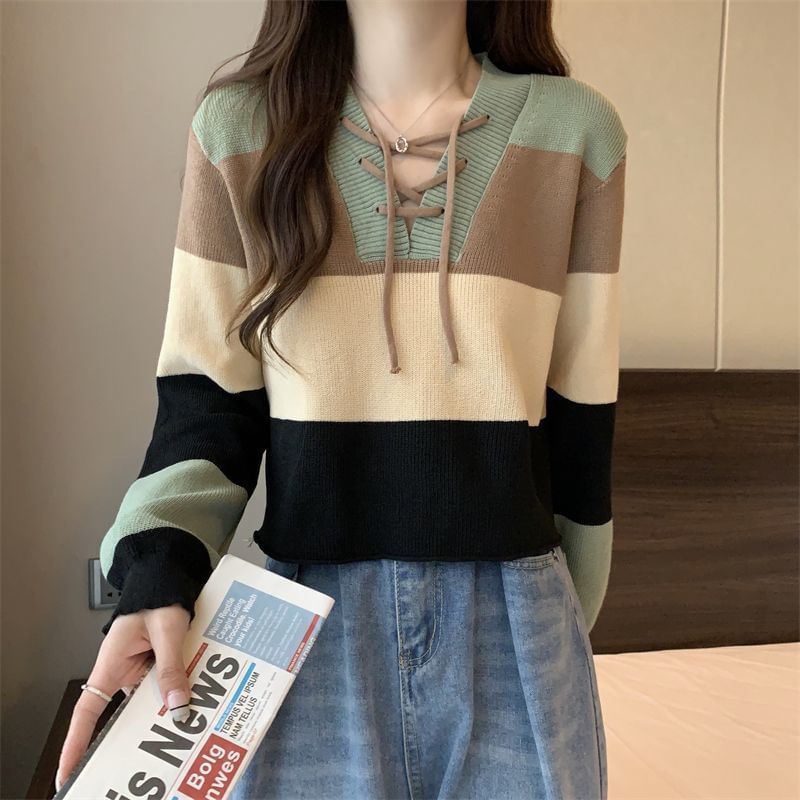 Sweater Block Lace-Up Color V-Neck