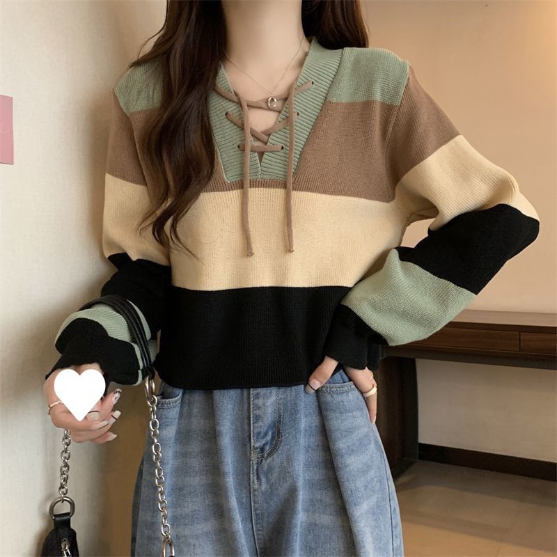 Sweater Block Lace-Up Color V-Neck