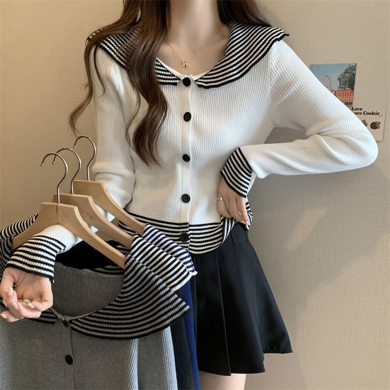 Knit Top Long-Sleeve Ribbed Panel Collar Button Striped