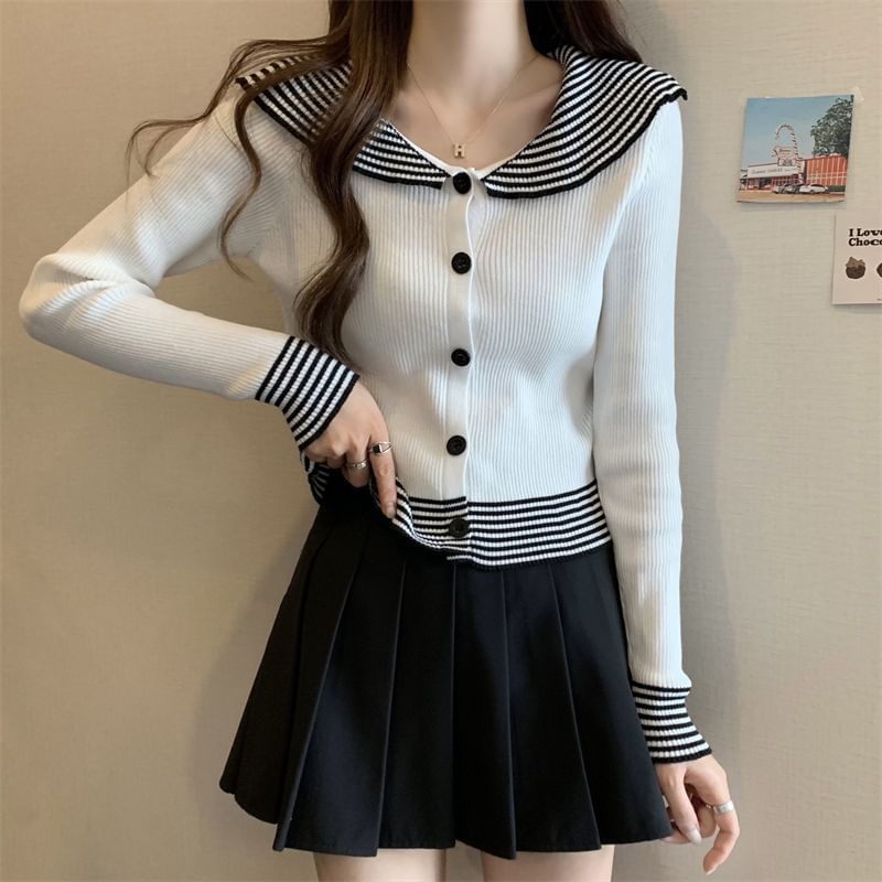 Knit Top Long-Sleeve Ribbed Panel Collar Button Striped