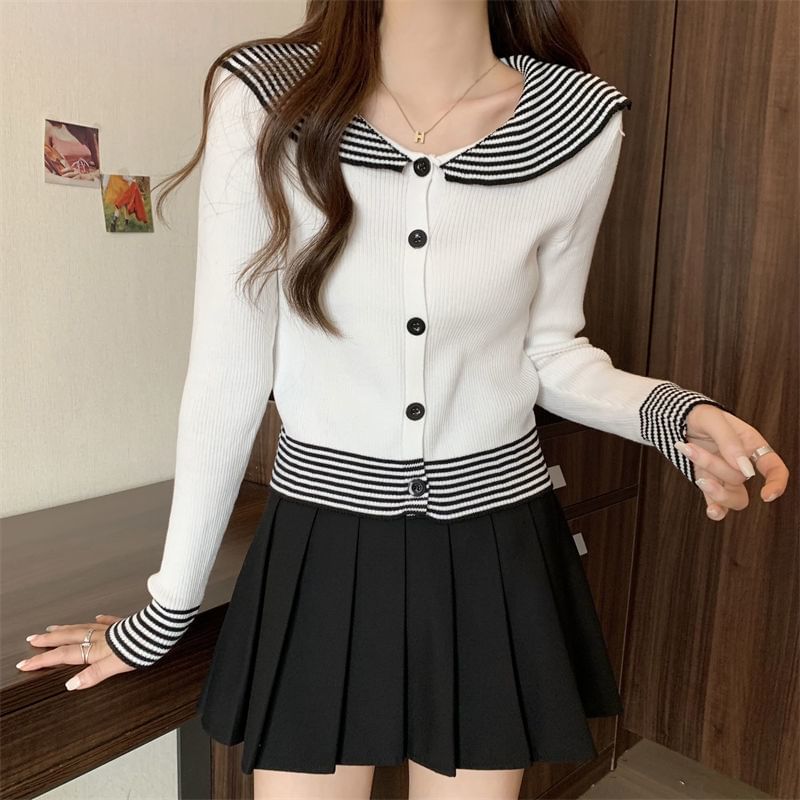 Knit Top Long-Sleeve Ribbed Panel Collar Button Striped