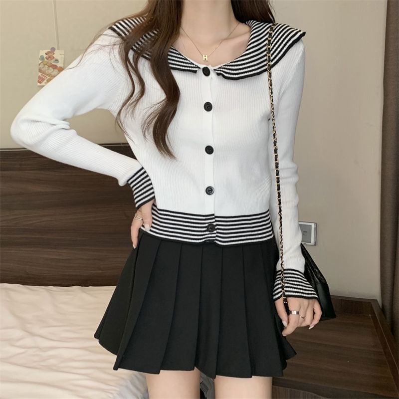Knit Top Long-Sleeve Ribbed Panel Collar Button Striped
