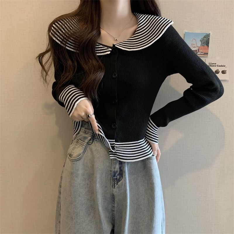 Knit Top Long-Sleeve Ribbed Panel Collar Button Striped