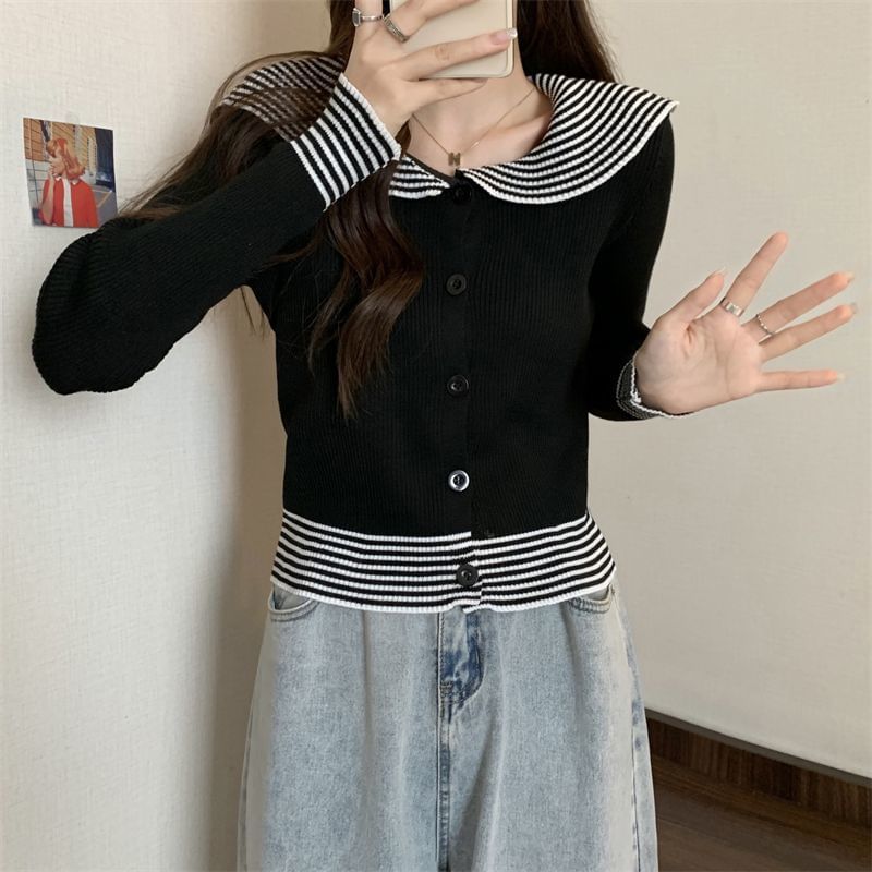 Knit Top Long-Sleeve Ribbed Panel Collar Button Striped