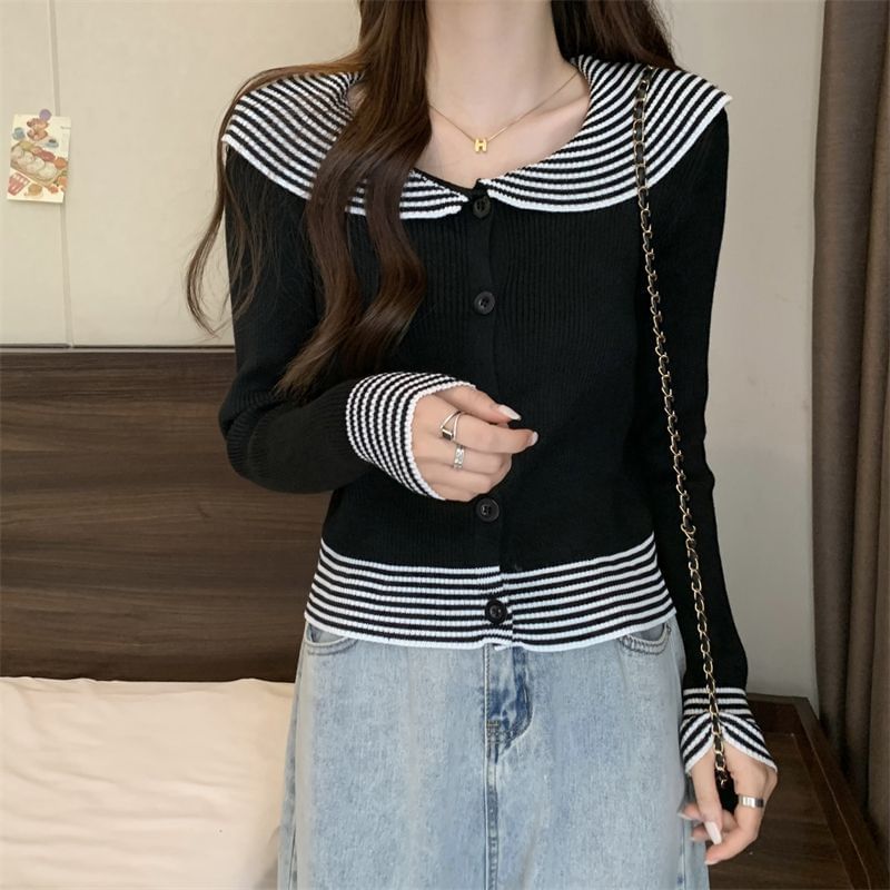 Knit Top Long-Sleeve Ribbed Panel Collar Button Striped