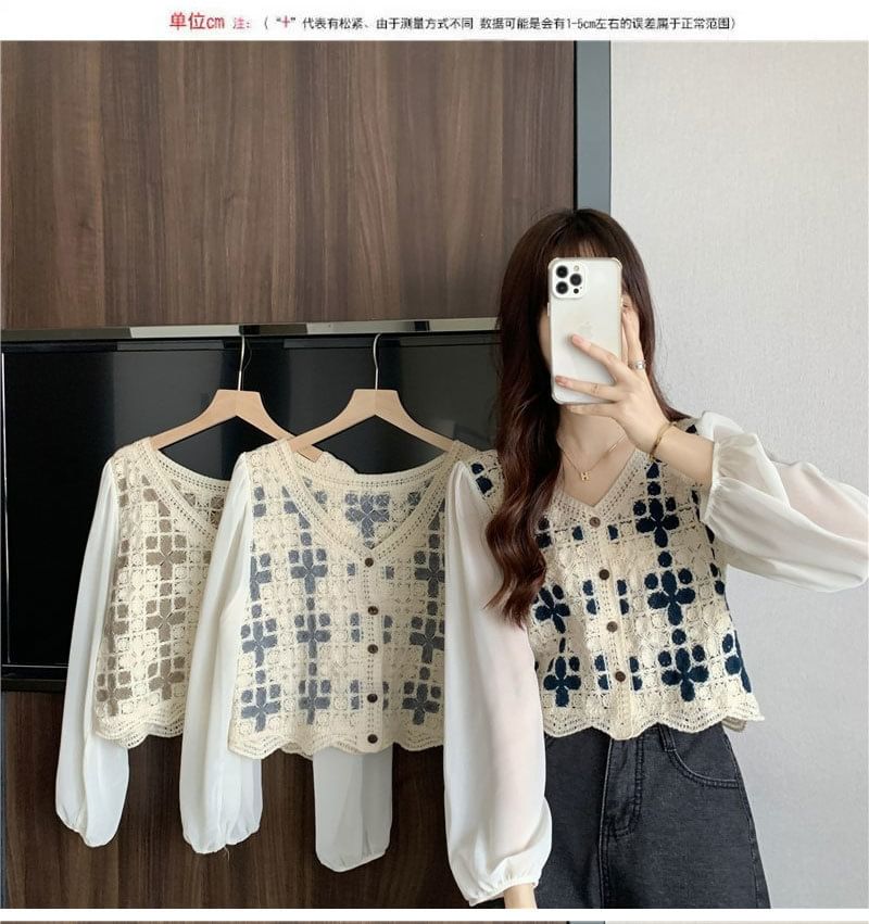 Crochet Long-Sleeve Panel Knit Blouse V-Neck