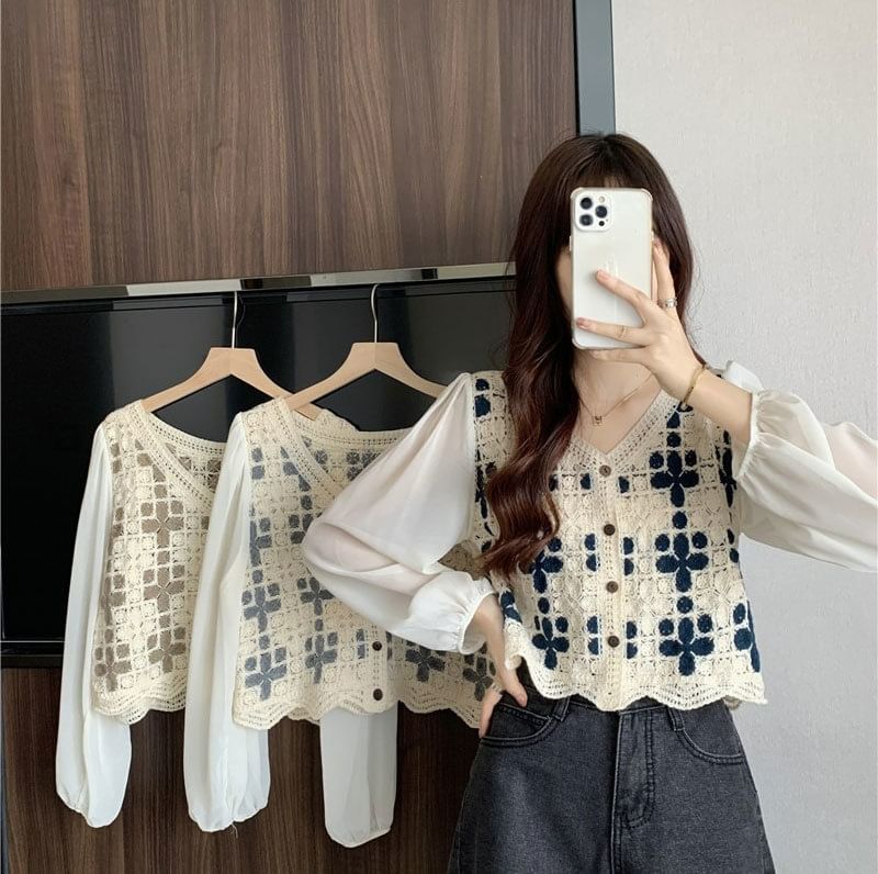 Crochet Long-Sleeve Panel Knit Blouse V-Neck