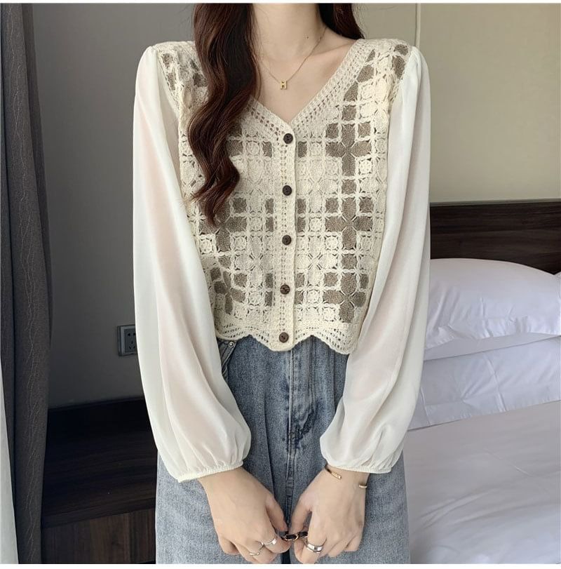 Crochet Long-Sleeve Panel Knit Blouse V-Neck