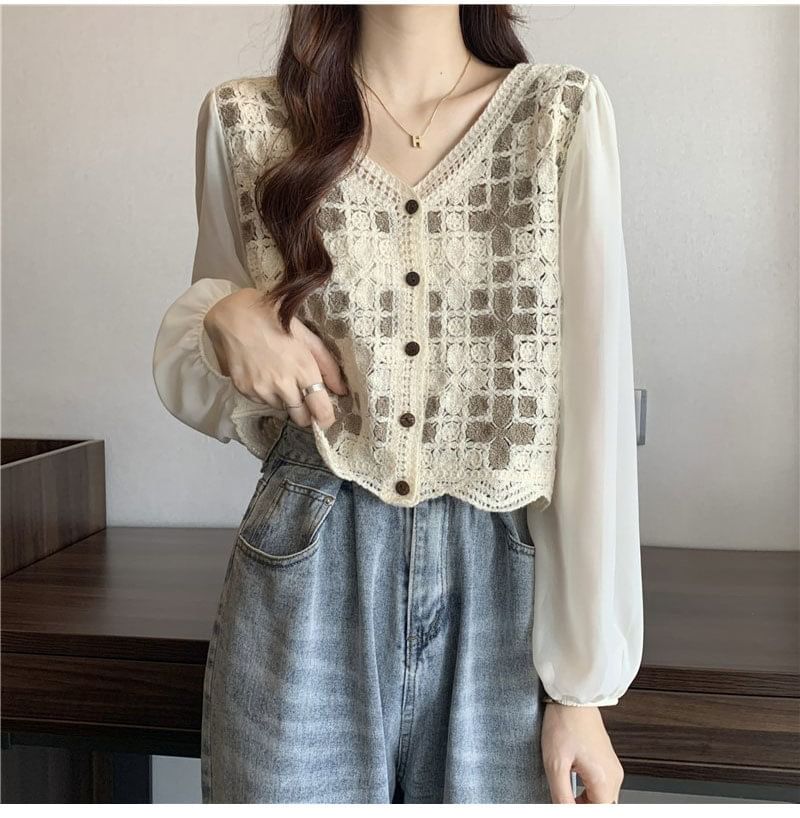 Crochet Long-Sleeve Panel Knit Blouse V-Neck