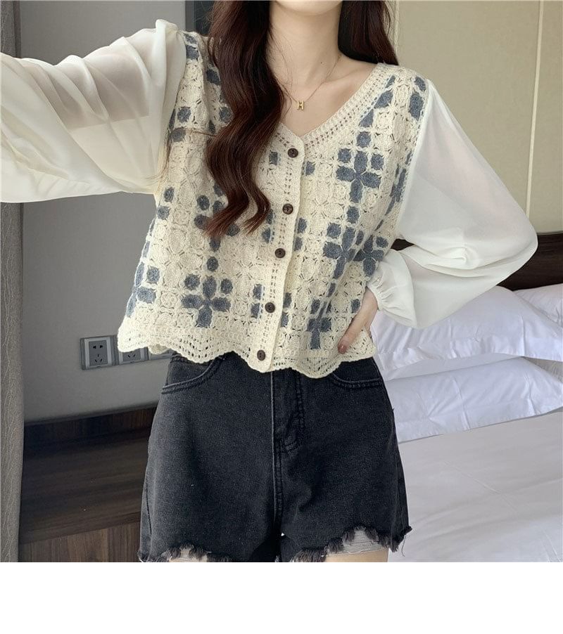 Crochet Long-Sleeve Panel Knit Blouse V-Neck