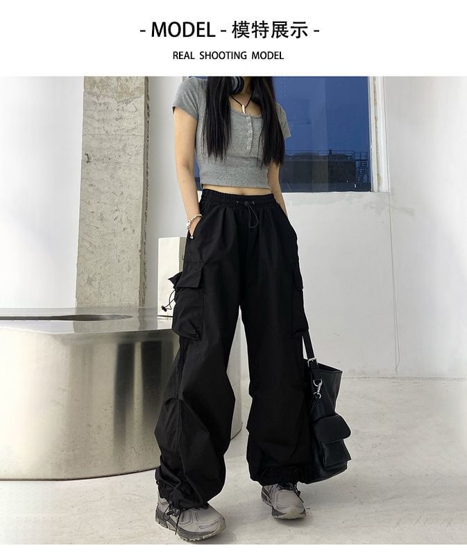 Wide Plain Cargo Pants Drawstring Waist Leg