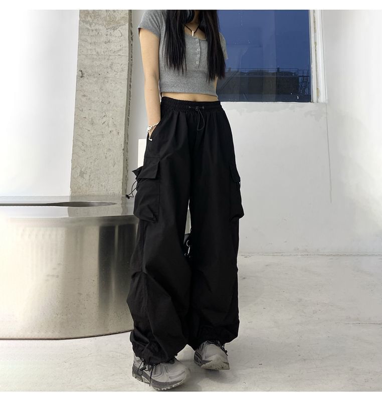 Wide Plain Cargo Pants Drawstring Waist Leg